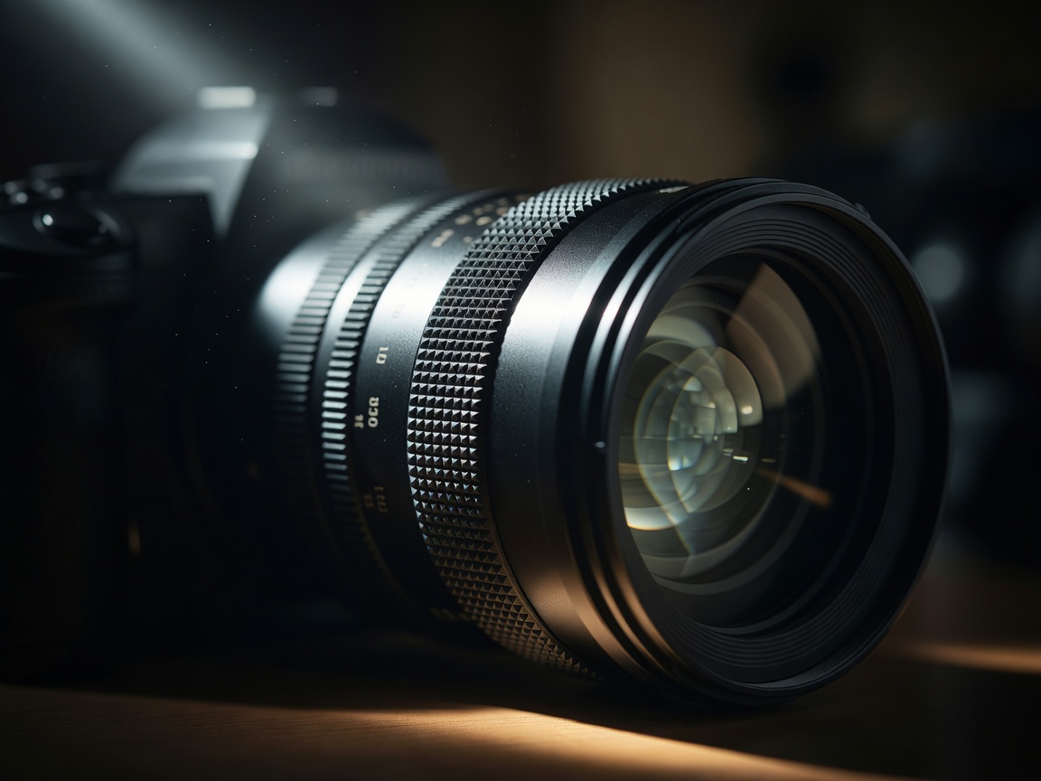 Camera lens focusing in dramatic cinematic lighting