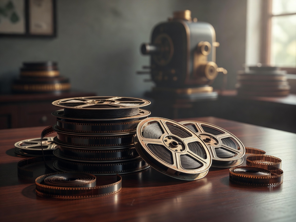Classic vintage film reels arranged elegantly