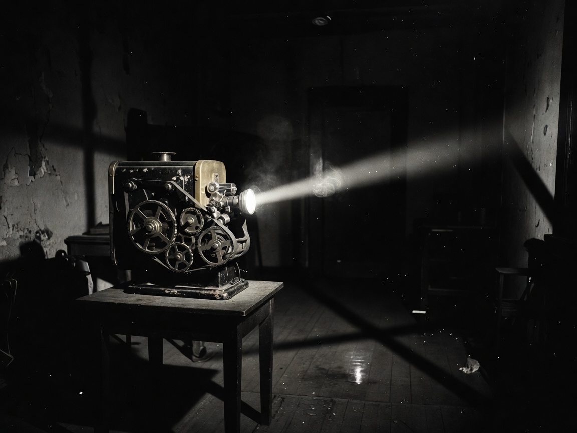 Noir style old projector in dark room