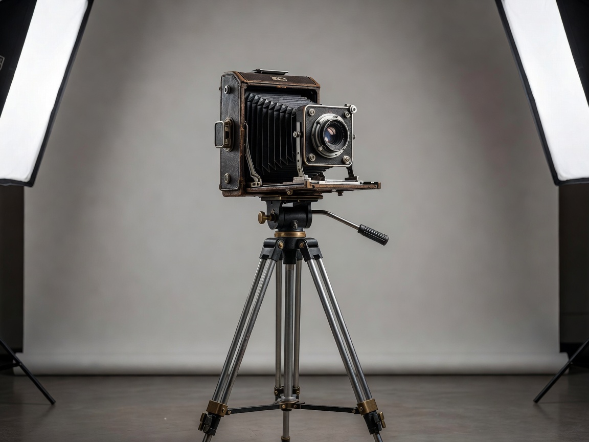 Vintage film camera on tripod in professional studio setting
